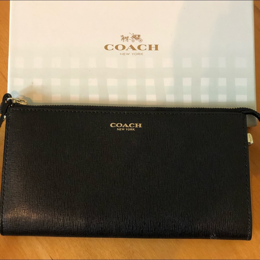 Coach Signature C Wallet Accordion Cross Grain Leather Wallet Black Fits Phone